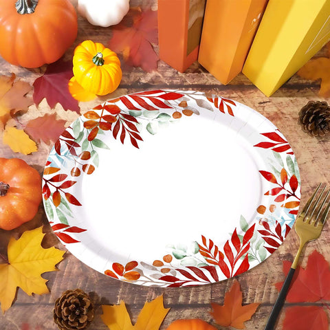 50Pcs Autumn Maple Leaves Oval Paper Plates - Grencian