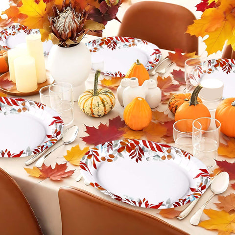 50Pcs Autumn Maple Leaves Oval Paper Plates - Grencian