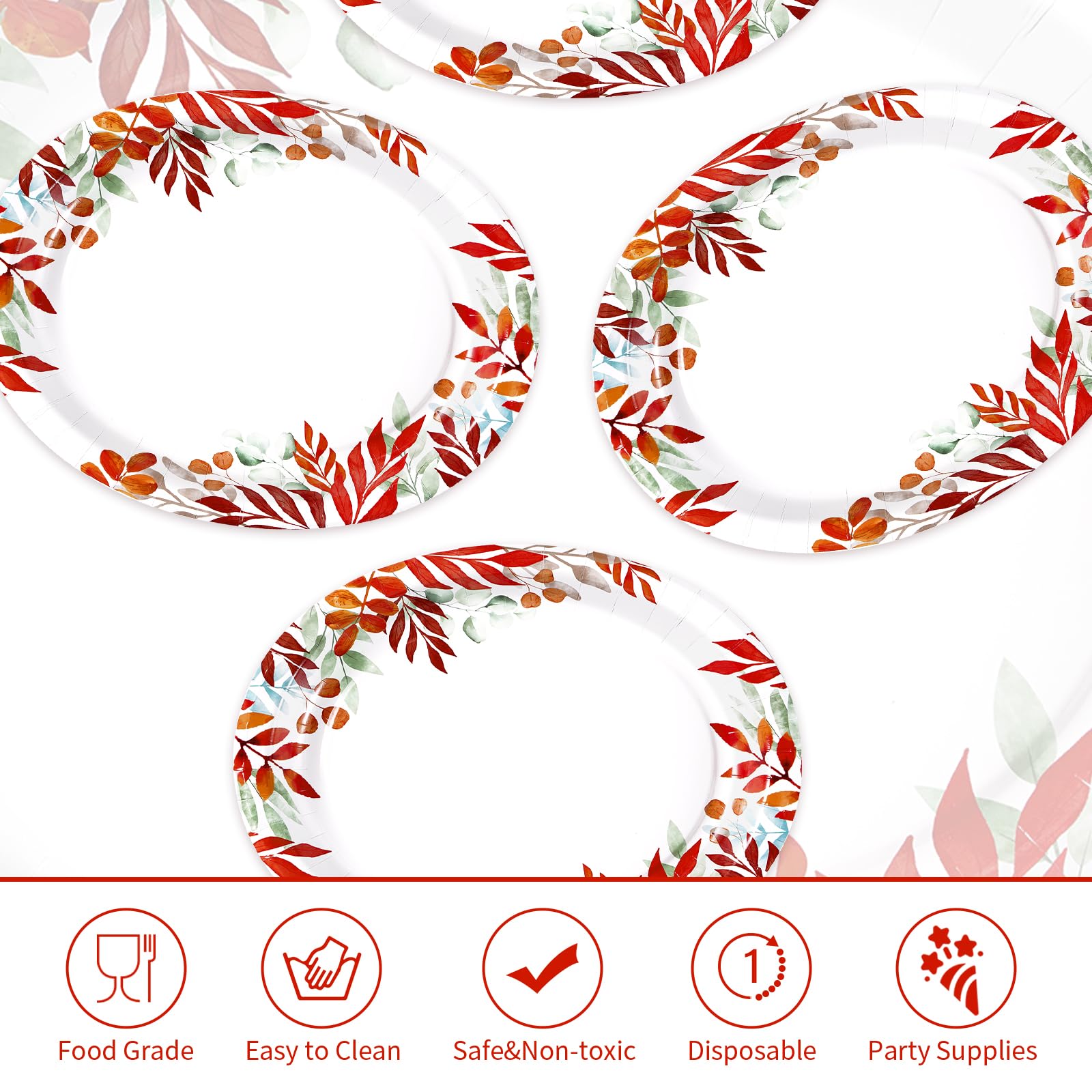 50Pcs Autumn Maple Leaves Oval Paper Plates - Grencian