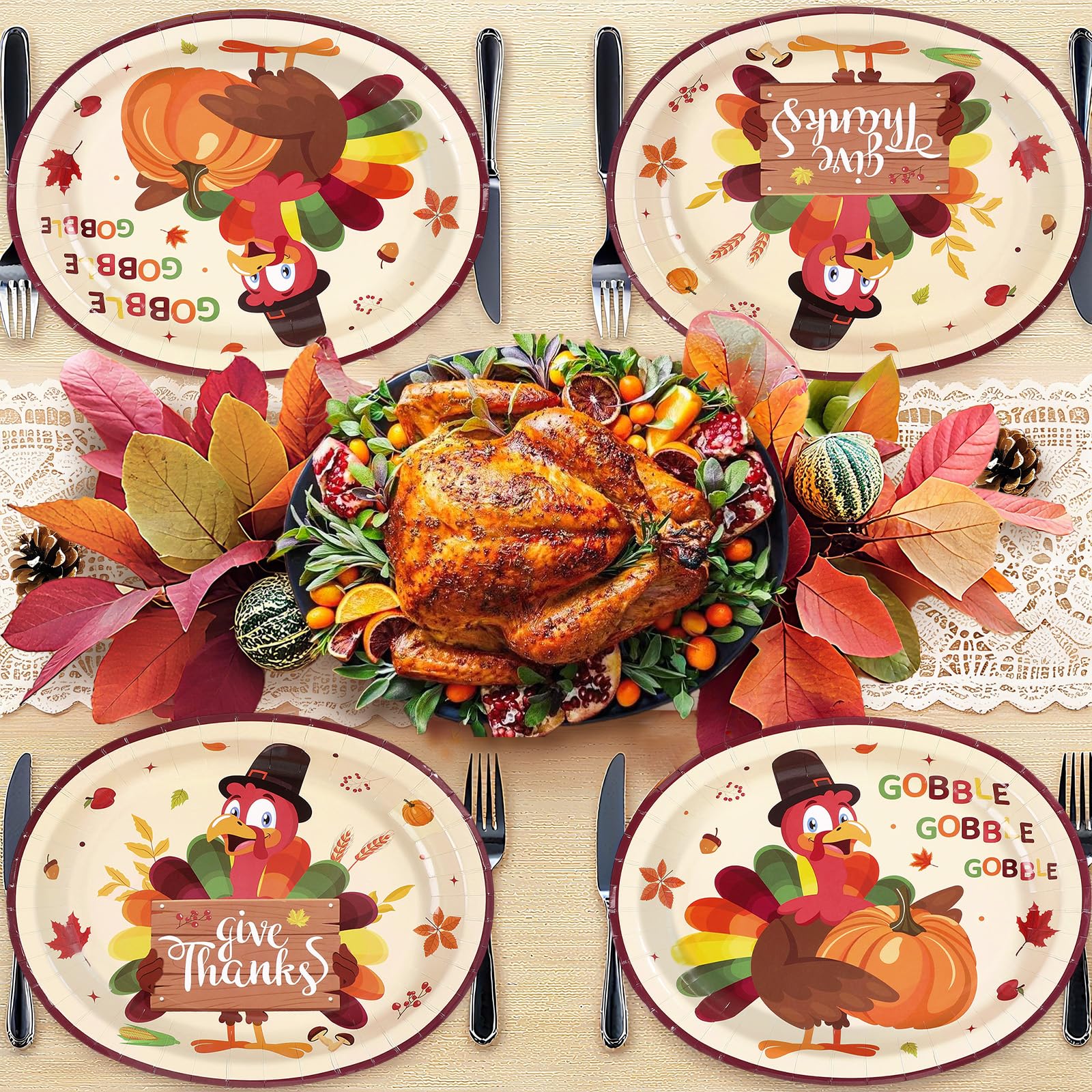 50Pcs Autumn Turkey Oval Paper Plates - Grencian