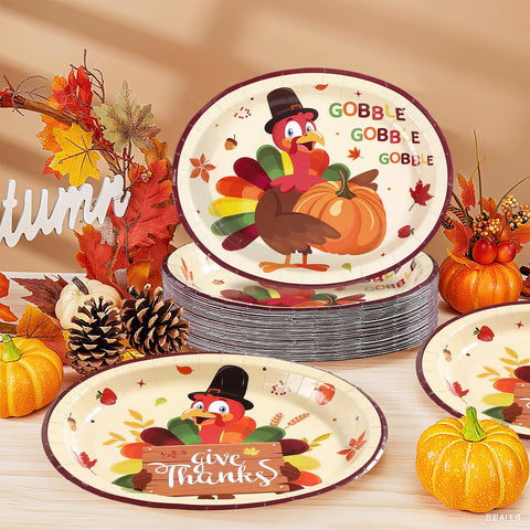 50Pcs Autumn Turkey Oval Paper Plates - Grencian