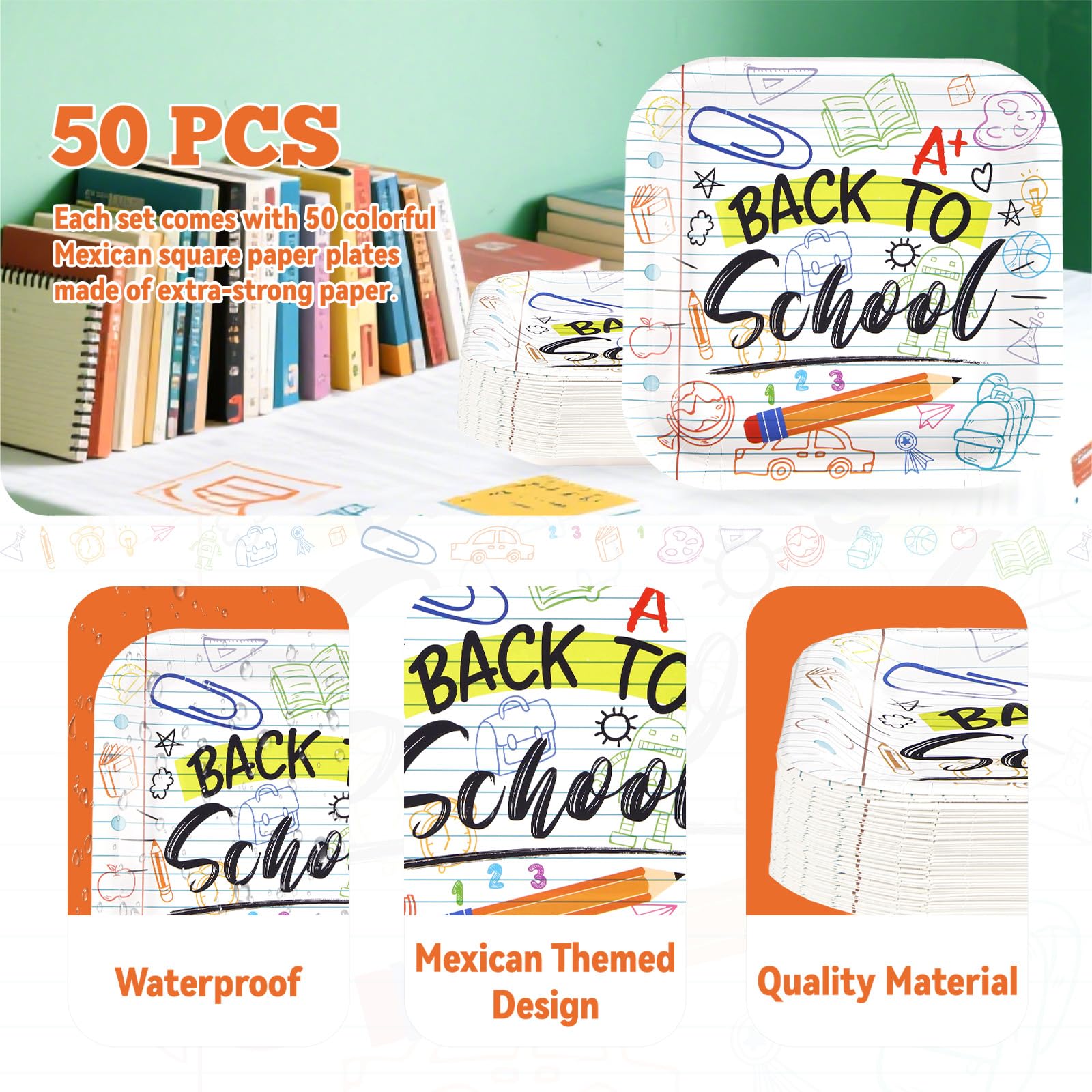 50Pcs Back to School Square Paper Plates