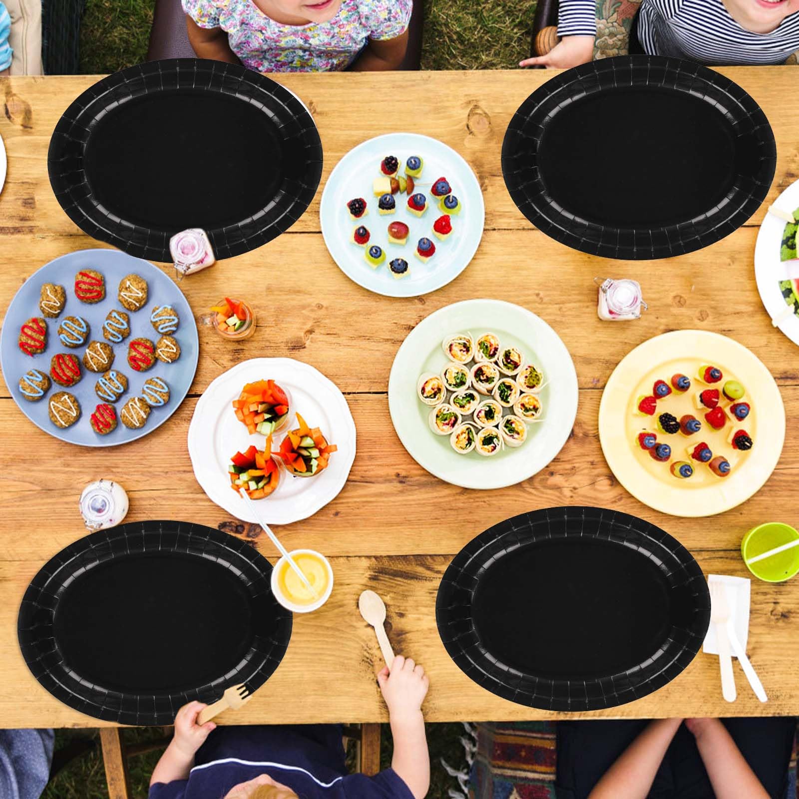 50Pcs Black Oval Paper Plates - Grencian