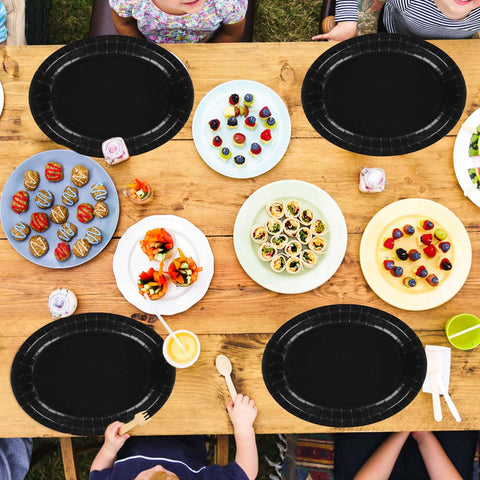 50Pcs Black Oval Paper Plates - Grencian