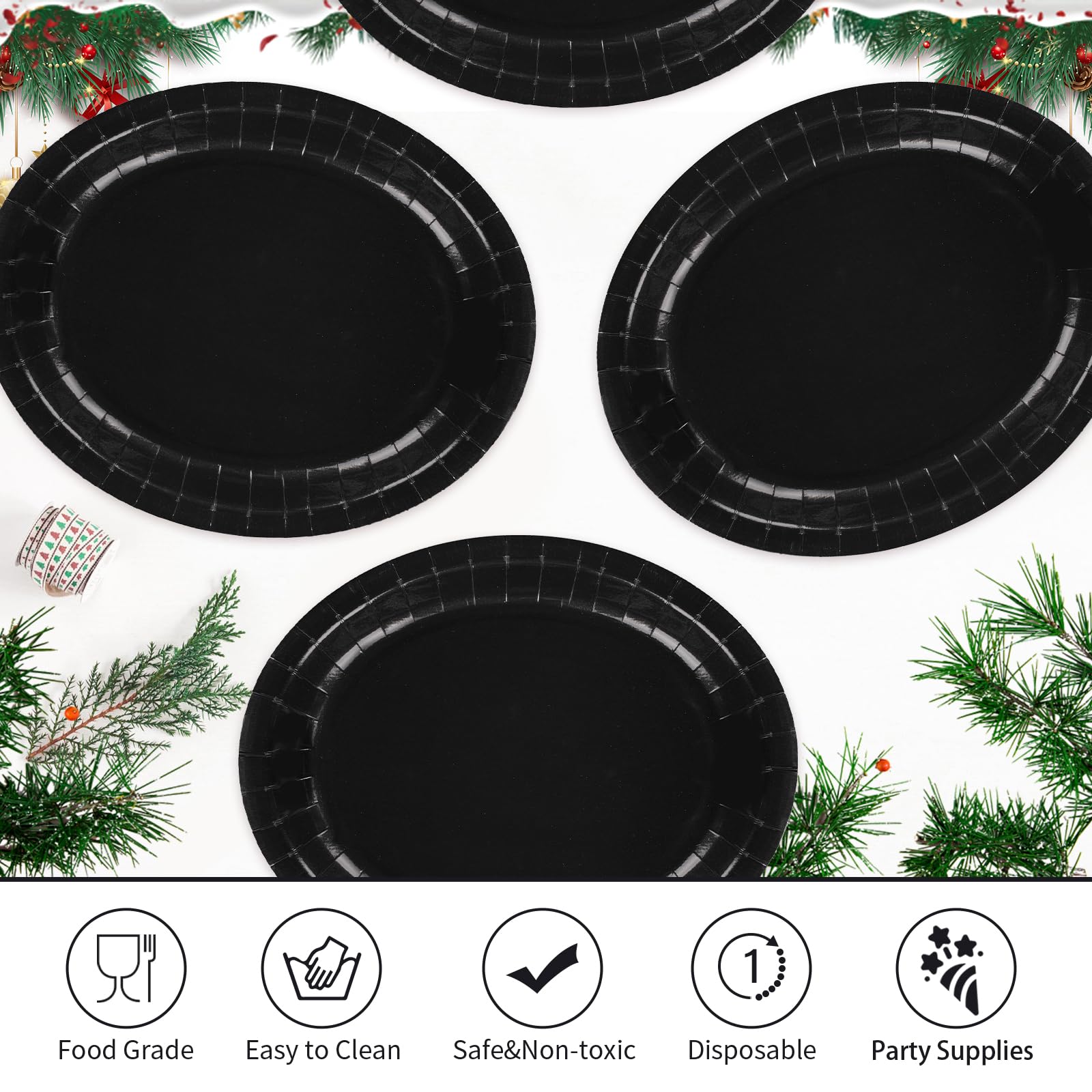 50Pcs Black Oval Paper Plates - Grencian