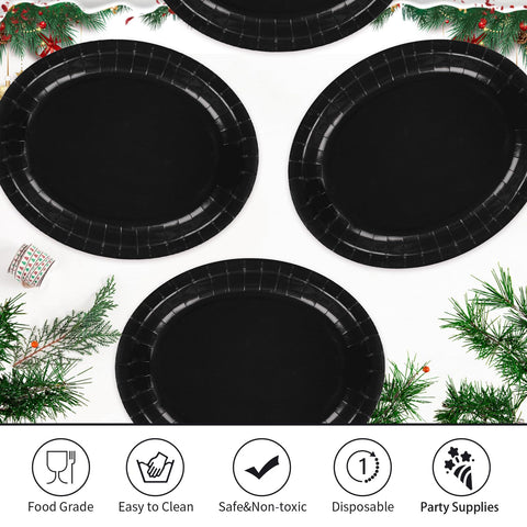50Pcs Black Oval Paper Plates - Grencian