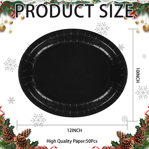 50Pcs Black Oval Paper Plates - Grencian
