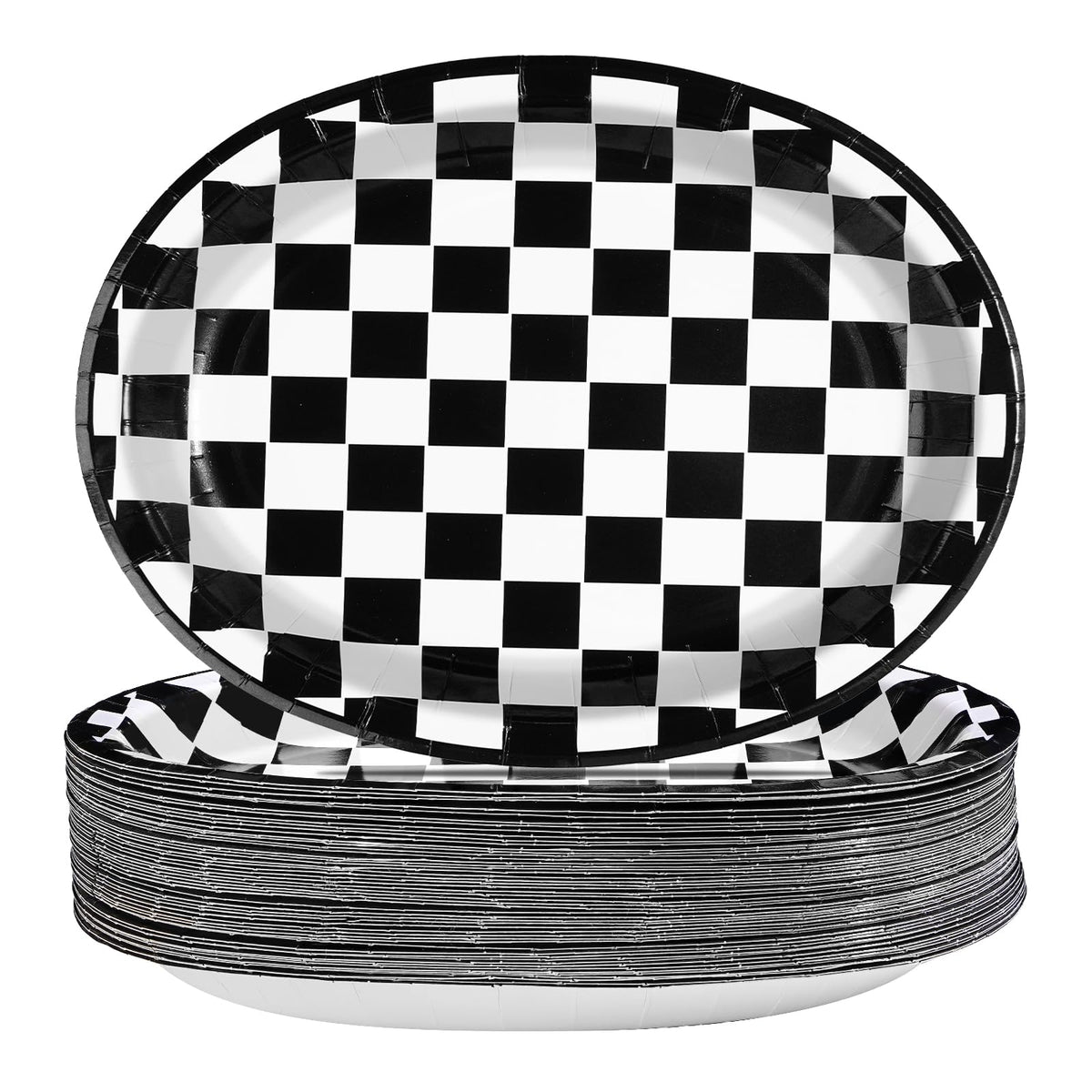 50Pcs Black & White Gingham Oval Paper Plates - Grencian