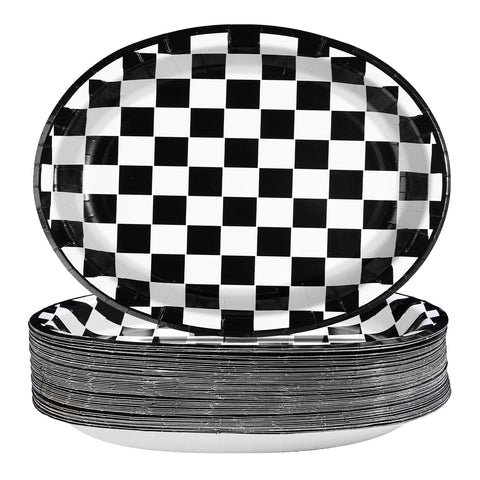 50Pcs Black & White Gingham Oval Paper Plates - Grencian