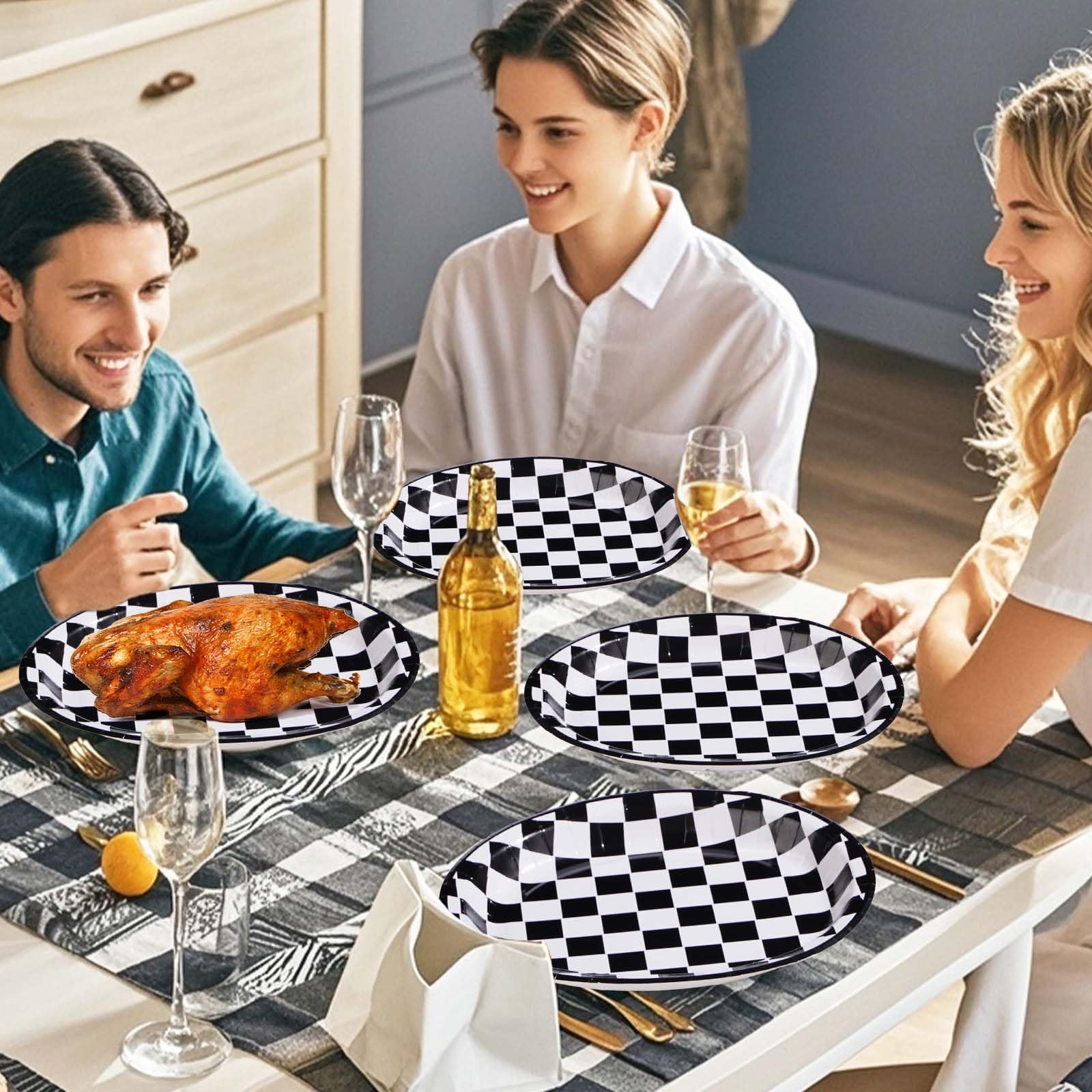 50Pcs Black & White Gingham Oval Paper Plates - Grencian