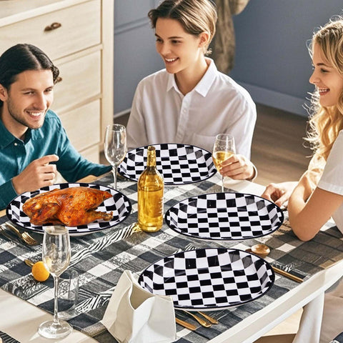 50Pcs Black & White Gingham Oval Paper Plates - Grencian