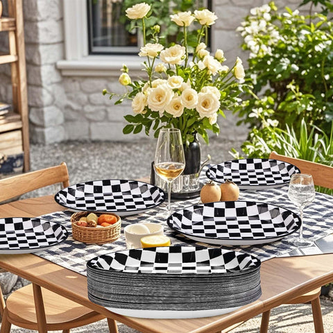 50Pcs Black & White Gingham Oval Paper Plates - Grencian