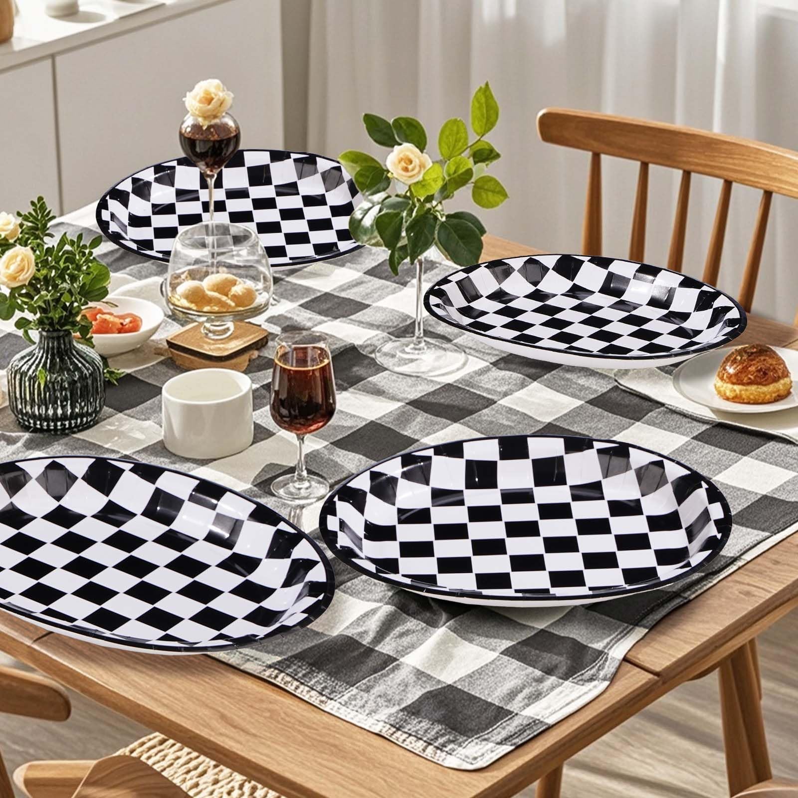 50Pcs Black & White Gingham Oval Paper Plates - Grencian