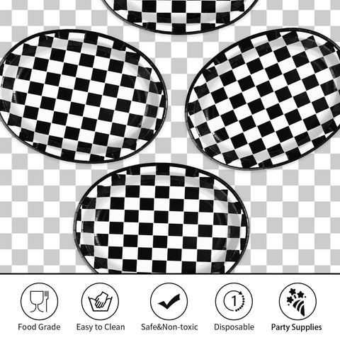 50Pcs Black & White Gingham Oval Paper Plates - Grencian