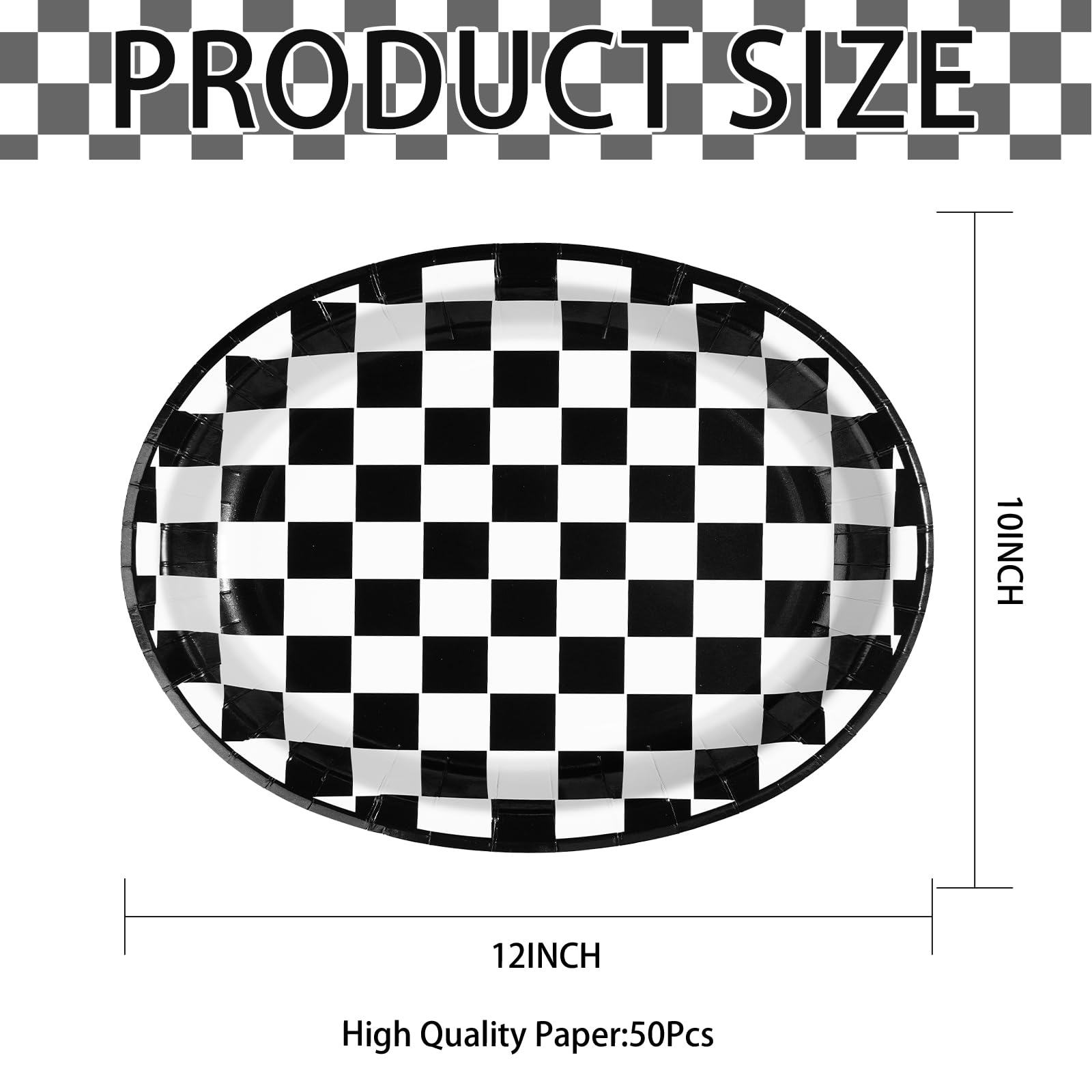 50Pcs Black & White Gingham Oval Paper Plates - Grencian
