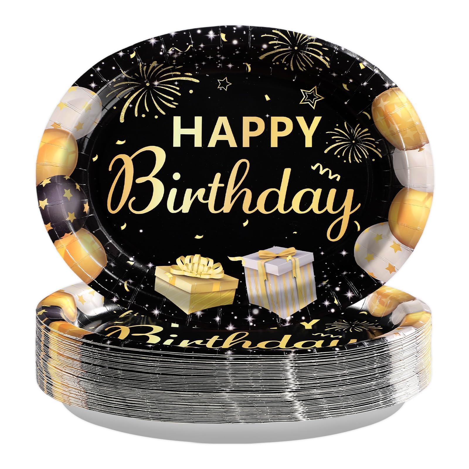 50Pcs Black and Gold Birthday Oval Paper Plates - Grencian