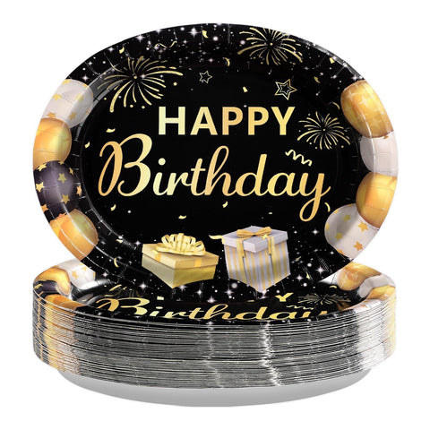 50Pcs Black and Gold Birthday Oval Paper Plates - Grencian