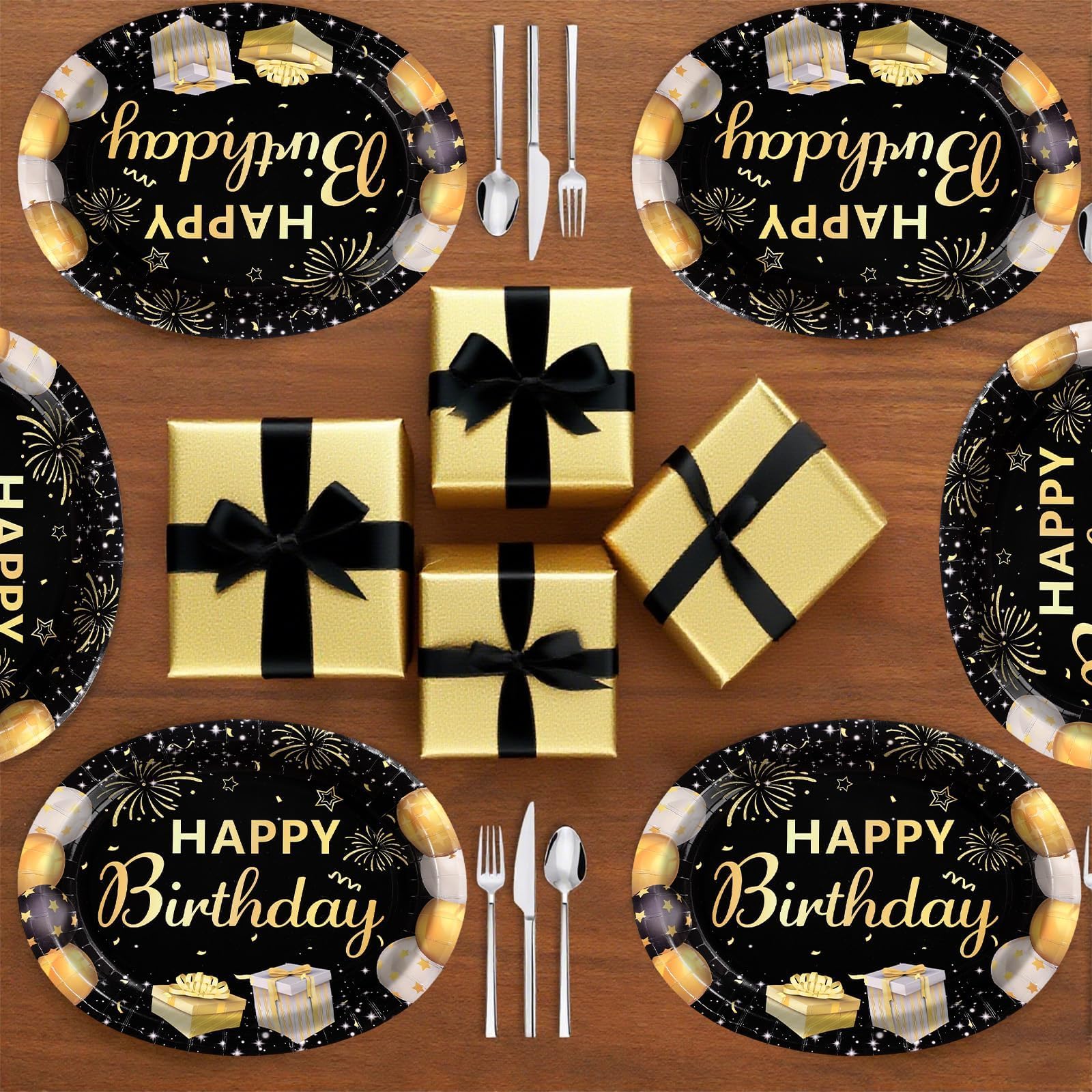 50Pcs Black and Gold Birthday Oval Paper Plates - Grencian