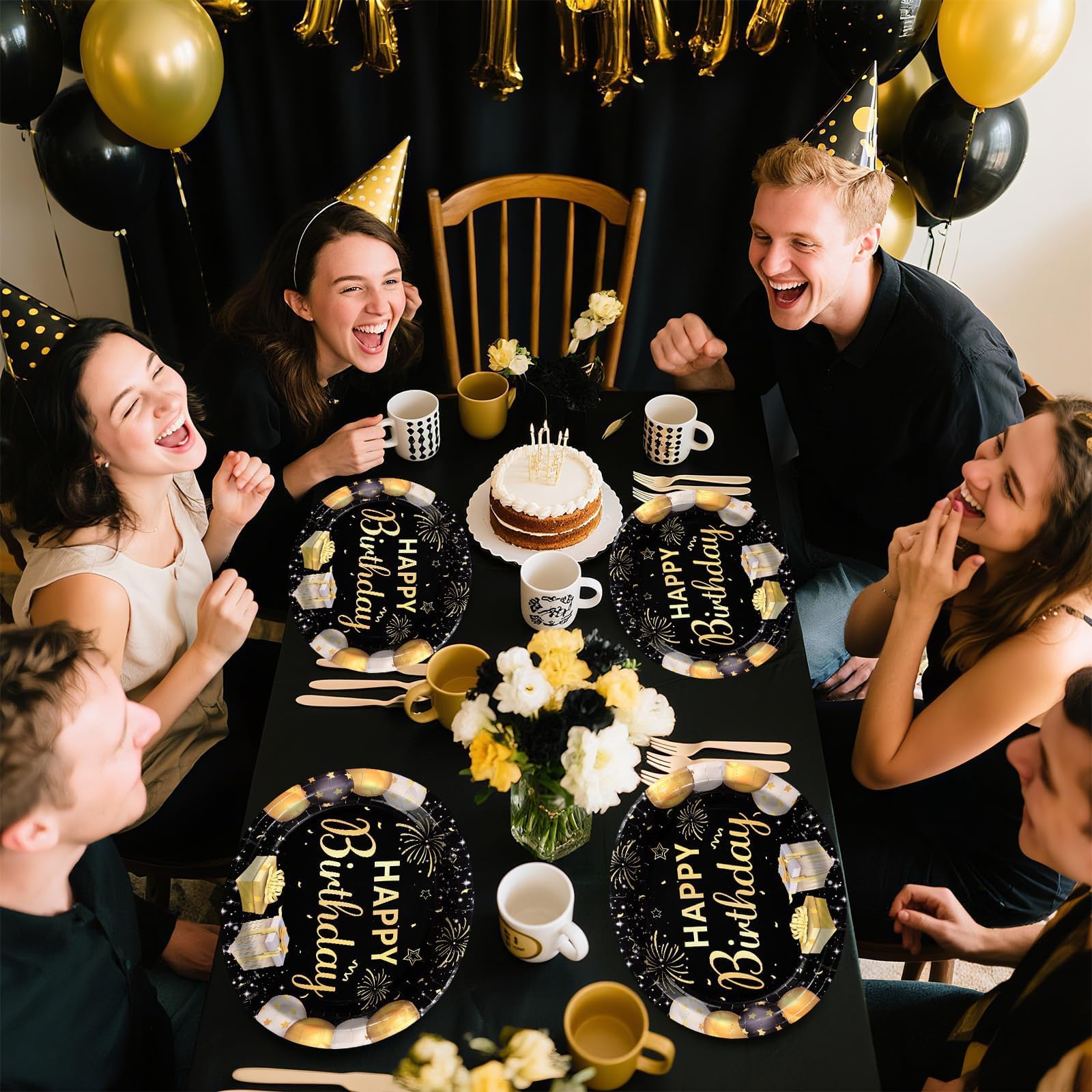 50Pcs Black and Gold Birthday Oval Paper Plates - Grencian