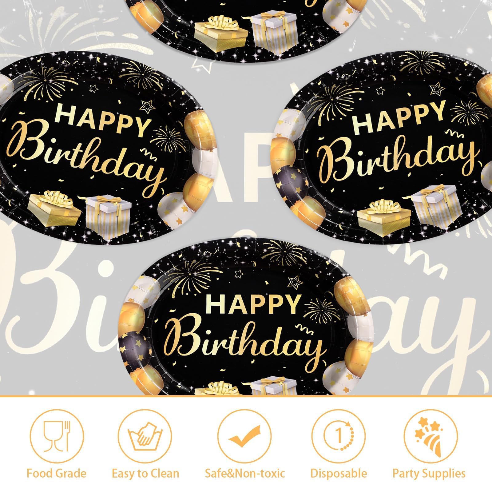 50Pcs Black and Gold Birthday Oval Paper Plates - Grencian