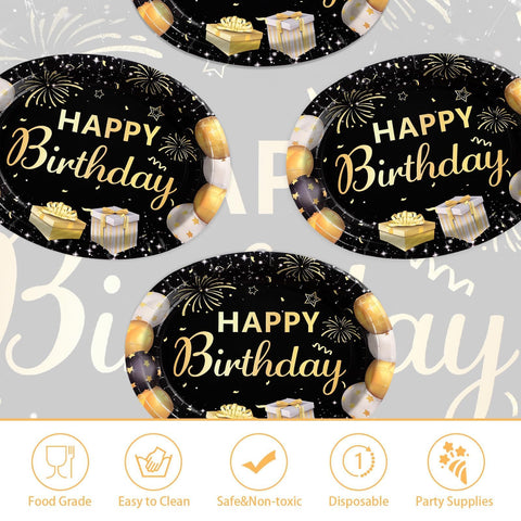 50Pcs Black and Gold Birthday Oval Paper Plates - Grencian