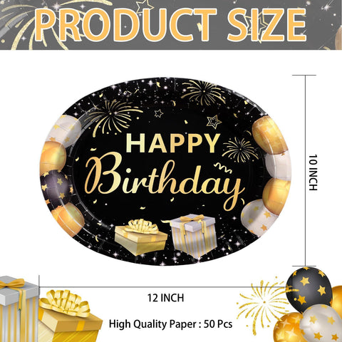 50Pcs Black and Gold Birthday Oval Paper Plates - Grencian