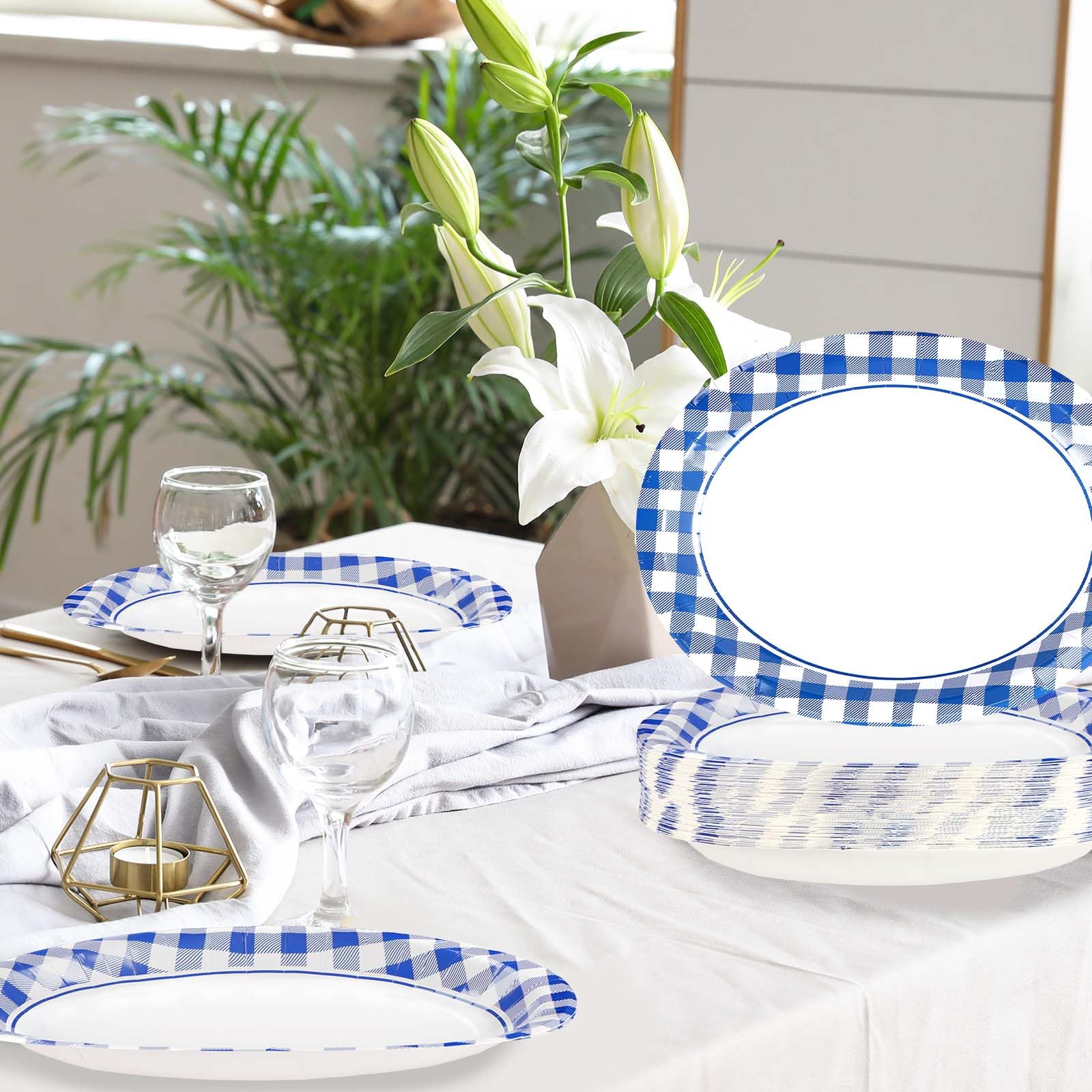 50Pcs Blue Gingham Oval Paper Plates - Grencian