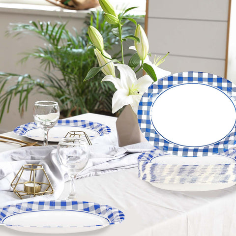 50Pcs Blue Gingham Oval Paper Plates - Grencian