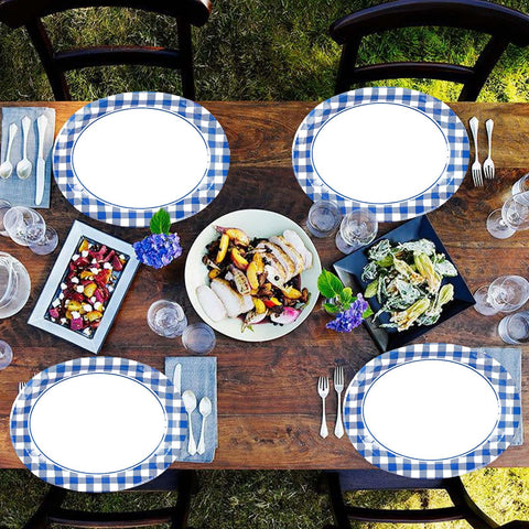 50Pcs Blue Gingham Oval Paper Plates - Grencian