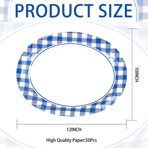 50Pcs Blue Gingham Oval Paper Plates - Grencian