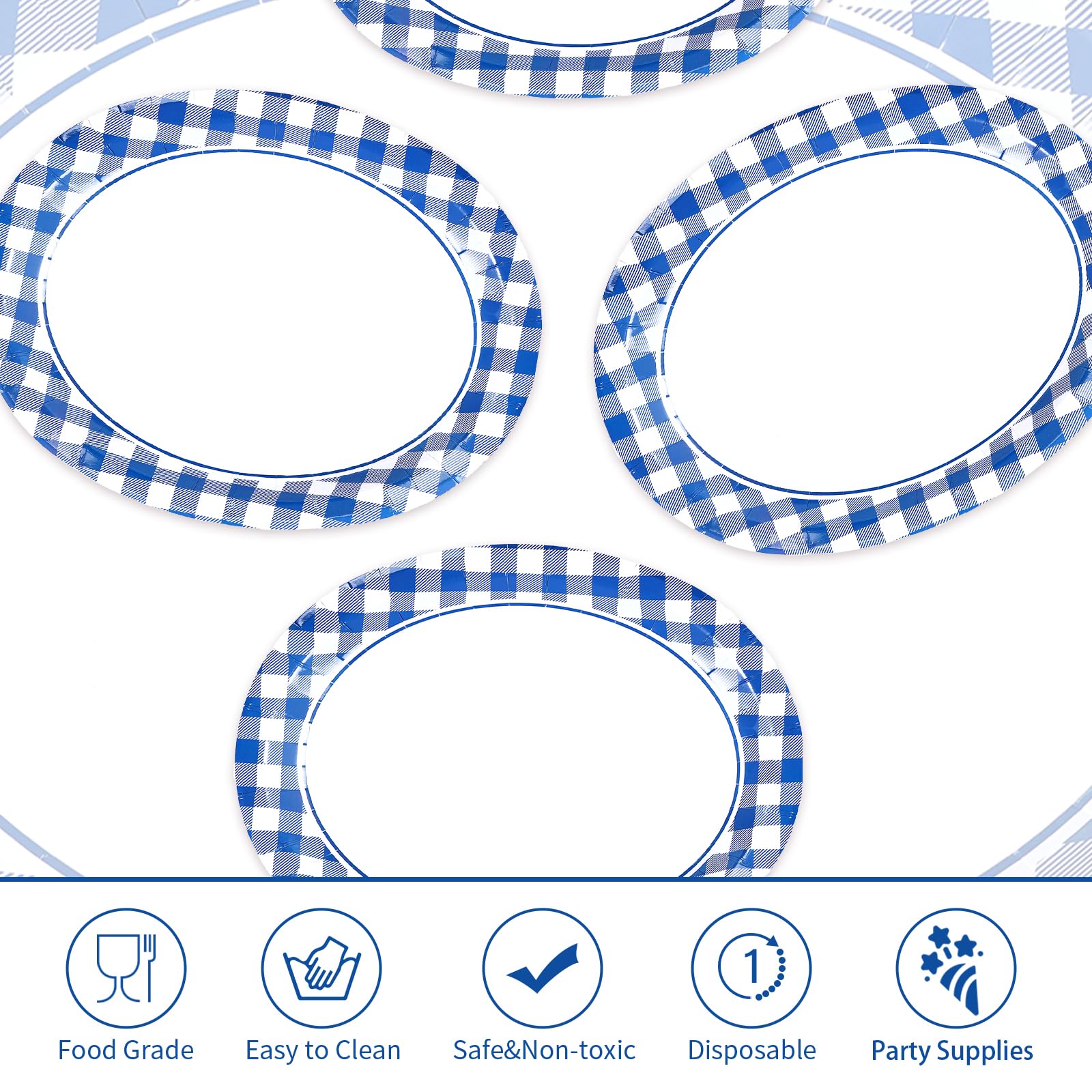 50Pcs Blue Gingham Oval Paper Plates - Grencian
