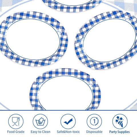 50Pcs Blue Gingham Oval Paper Plates - Grencian