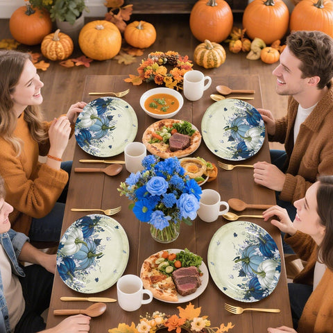 50Pcs Fall Blue Pumpkin Oval Paper Plates - Grencian
