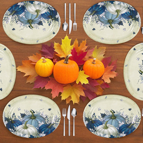 50Pcs Fall Blue Pumpkin Oval Paper Plates - Grencian