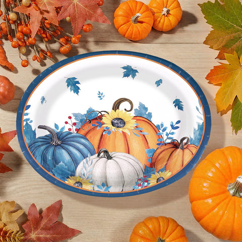 50Pcs Blue Pumpkin Oval Paper Plates - Grencian