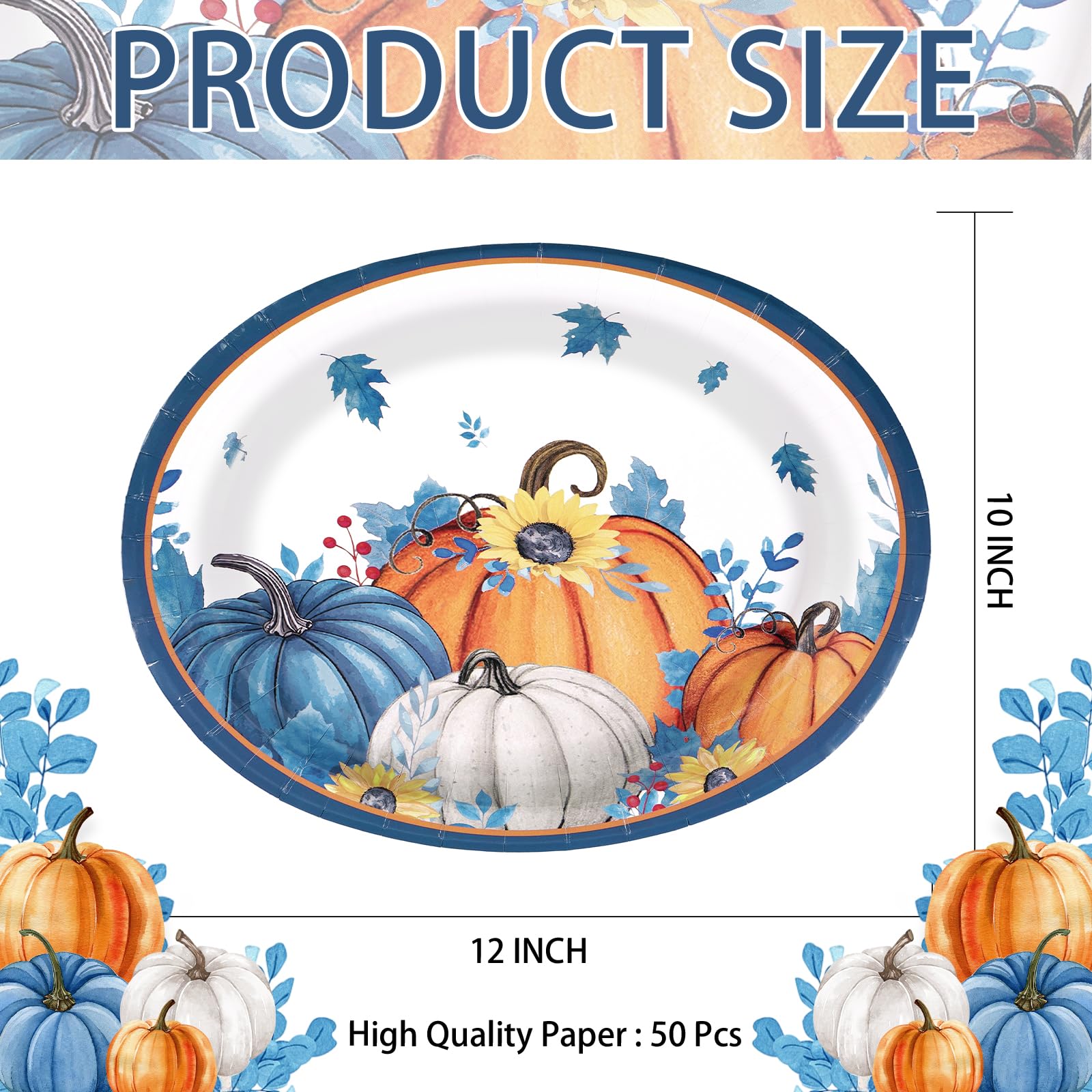 50Pcs Blue Pumpkin Oval Paper Plates - Grencian