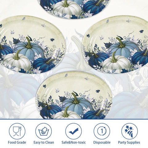 50Pcs Fall Blue Pumpkin Oval Paper Plates - Grencian