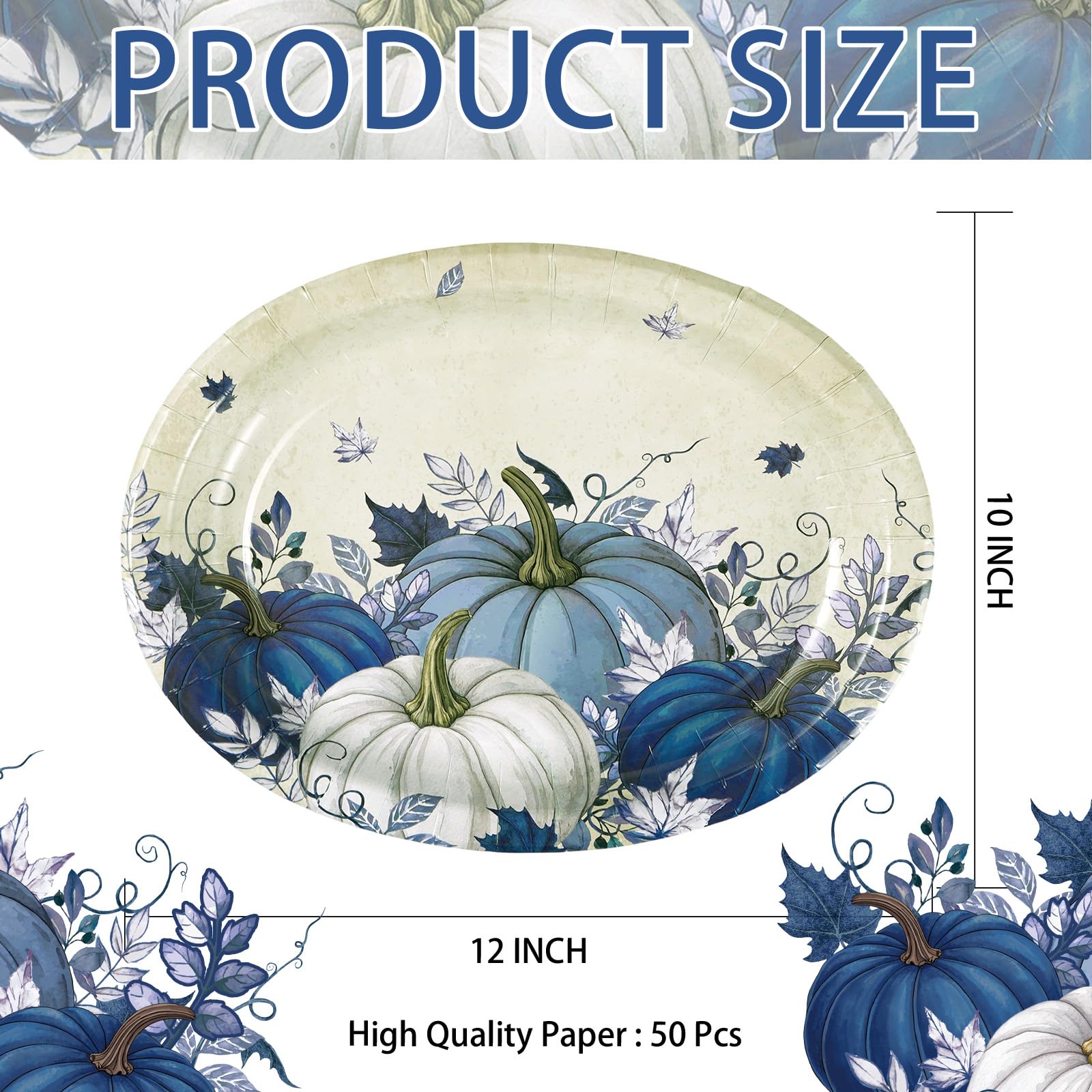50Pcs Fall Blue Pumpkin Oval Paper Plates - Grencian