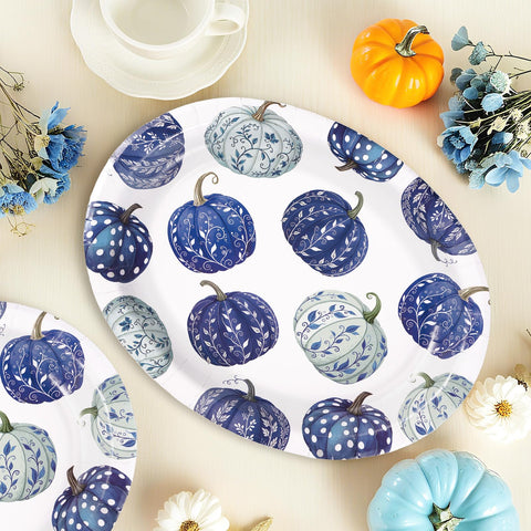 50Pcs Blue White Pumpkin Oval Paper Plates - Grencian