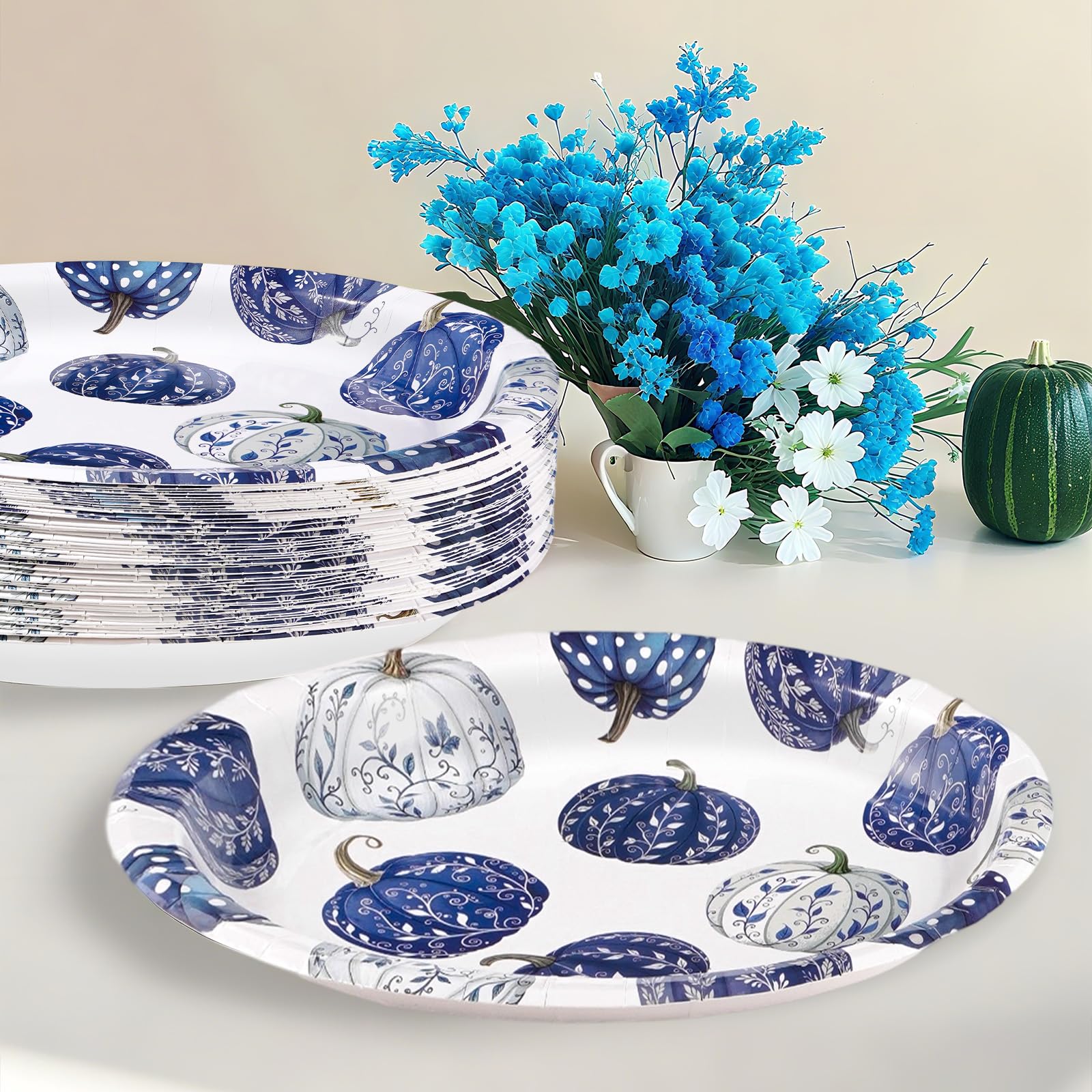 50Pcs Blue White Pumpkin Oval Paper Plates - Grencian