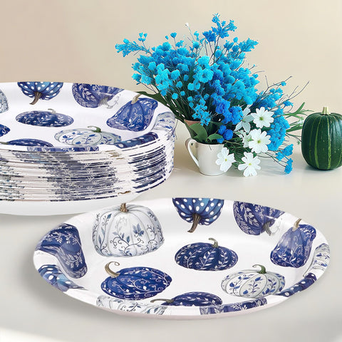 50Pcs Blue White Pumpkin Oval Paper Plates - Grencian