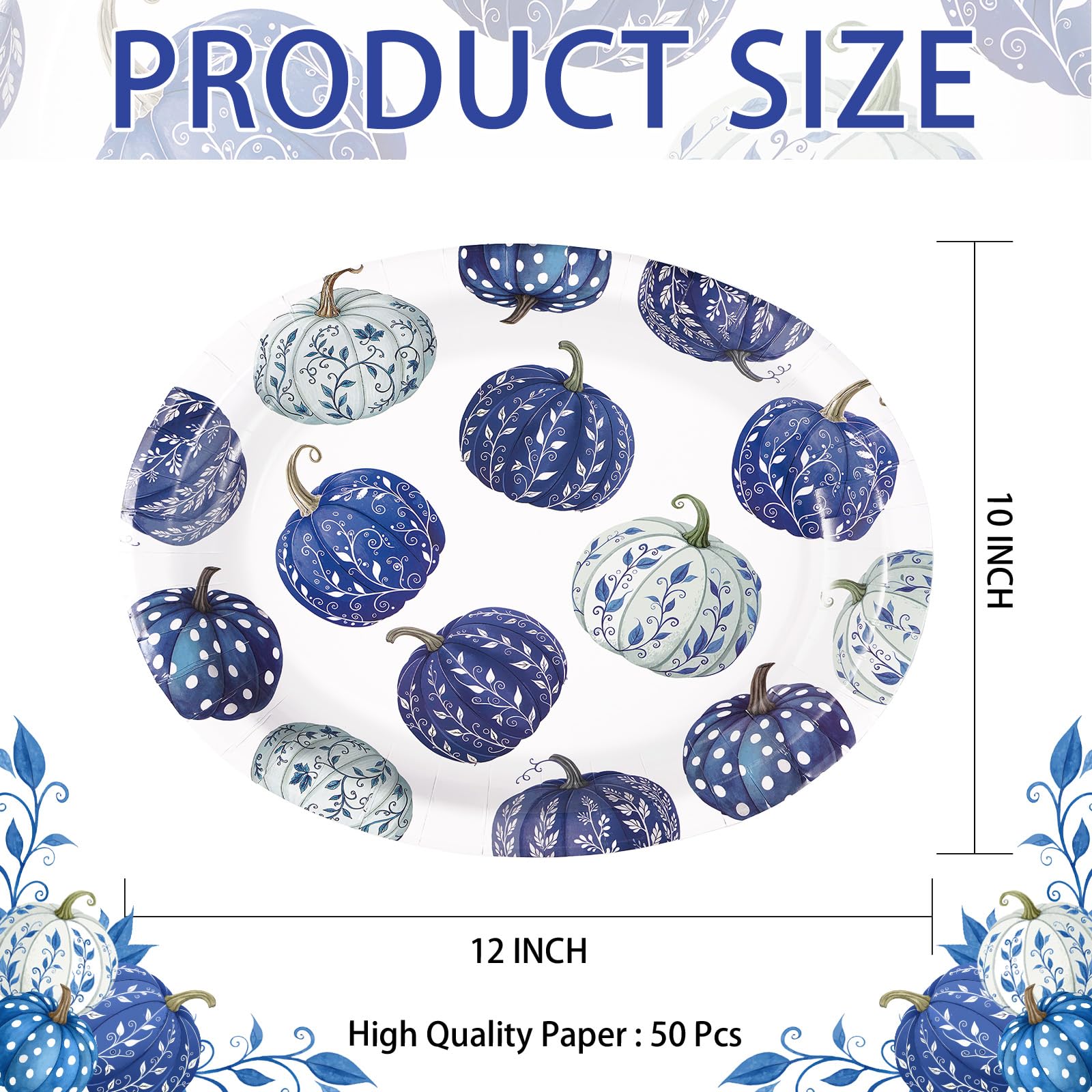 50Pcs Blue White Pumpkin Oval Paper Plates - Grencian