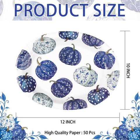 50Pcs Blue White Pumpkin Oval Paper Plates - Grencian