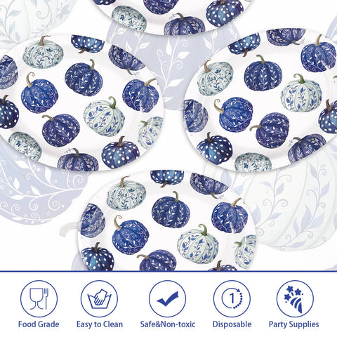 50Pcs Blue White Pumpkin Oval Paper Plates - Grencian
