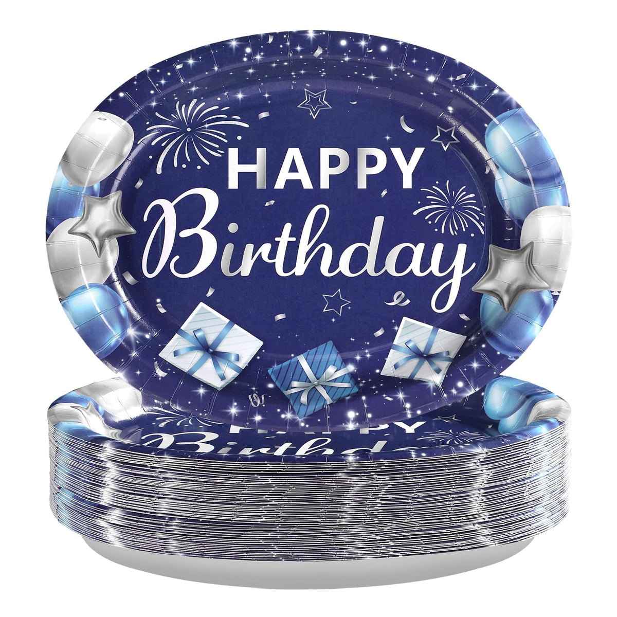50Pcs Blue and Silver Birthday Oval Paper Plates - Grencian