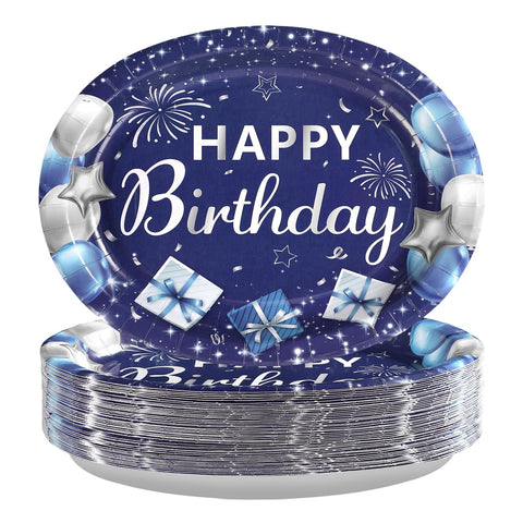 50Pcs Blue and Silver Birthday Oval Paper Plates - Grencian