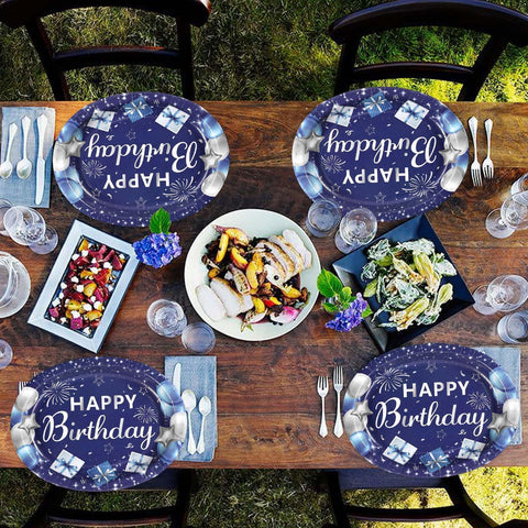 50Pcs Blue and Silver Birthday Oval Paper Plates - Grencian