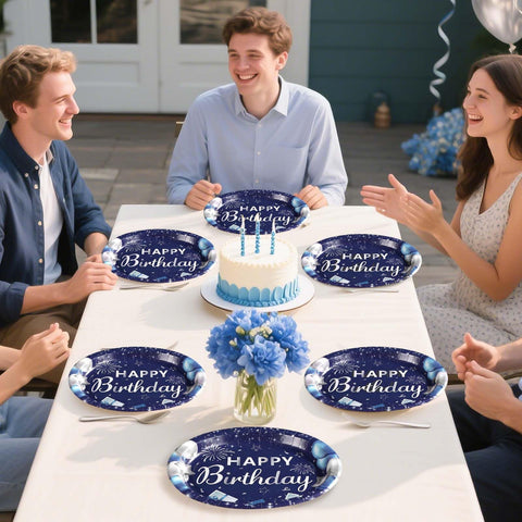50Pcs Blue and Silver Birthday Oval Paper Plates - Grencian