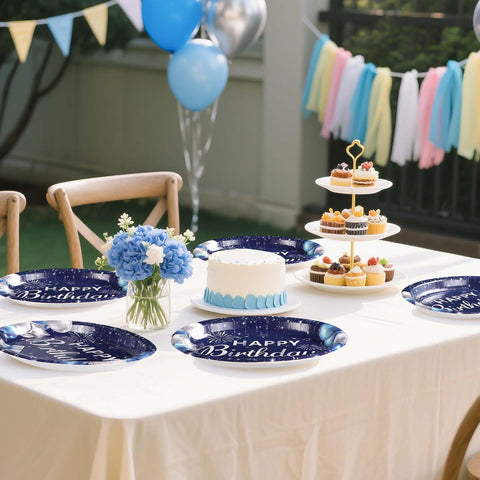 50Pcs Blue and Silver Birthday Oval Paper Plates - Grencian