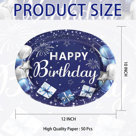 50Pcs Blue and Silver Birthday Oval Paper Plates - Grencian